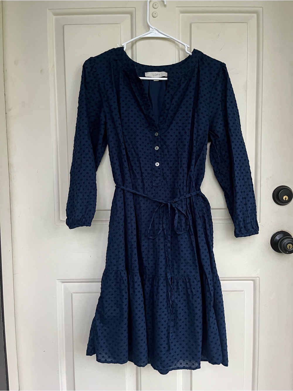 LOFT 100% Cotton Navy Textured Swiss-Dot Long Sleeve Tie-Waist Dress size Small